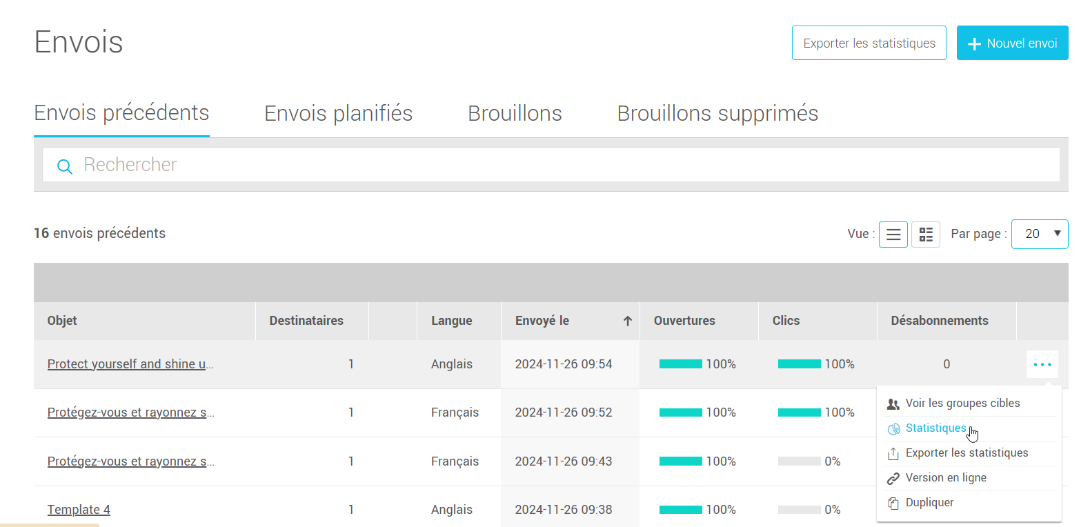 Envois précédents statistiques